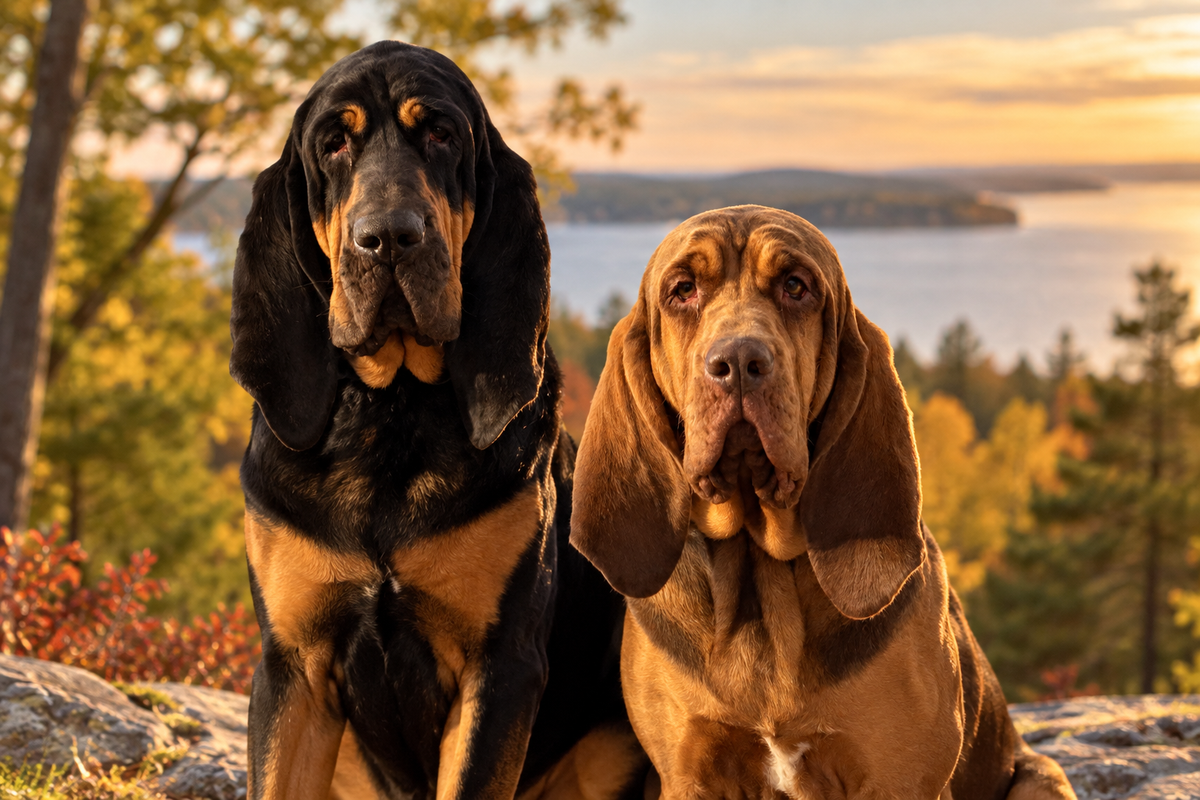 Duke and Grace, two bloodhounds, overlooking a scenic lake and autumn woods